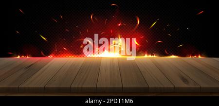 Wooden table on flame and smoke background. Vector realistic ...