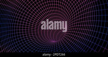 Color wireframe wormhole on black, 3d funnel or portal. Graphic illusion of grid hole, line warp, abstract geometric mesh vector illustration on dark background Stock Vector