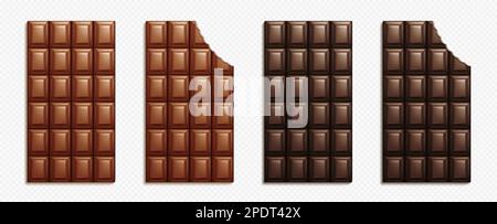 Realistic set of whole and biten chocolate bars isolated on transparent background. Vector illustration of milk dark choco dessert, brown sweet food, delicious cocoa, sugar snack. Cooking ingredient Stock Vector