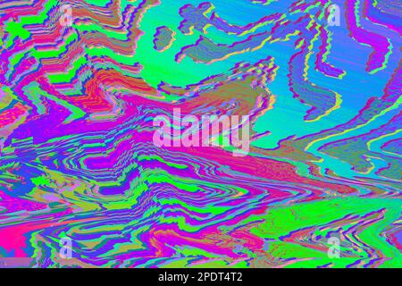 Abstract purple pink green neon rainbow wavy background interlaced digital Distorted Motion glitch effect. Futuristic striped glitched cyberpunk desig Stock Photo