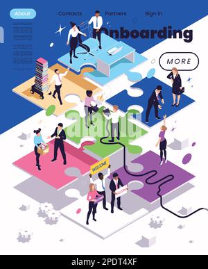 Onboarding concept isometric web page with staff welcoming and helping new employees in office 3d vector illustration Stock Vector