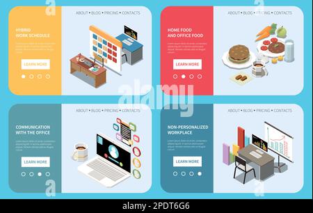 Hybrid work isometric horizontal banners set with food and workplace elements for home and office isolated 3d vector illustration Stock Vector