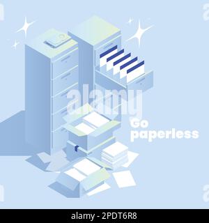 Go paperless isometric concept with stacks of papers and documents in folders 3d vector illustration Stock Vector