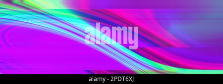 Banner with Distorted with Motion glitch effect Abstract purple pink green neon rainbow wavy interlaced digital background. Futuristic striped glitche Stock Photo
