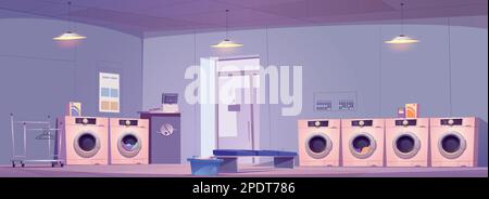 Public laundry room interior design. Vector cartoon illustration of laundromat with row of washing and drying machines, detergent powder boxes, cash register, empty rack and bench. Cleaning services Stock Vector