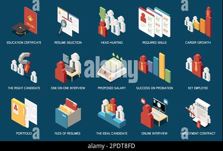 Recruitment headhunting resume portfolio contract online interview ideal candidate isometric icons set isolated 3d vector illustration Stock Vector