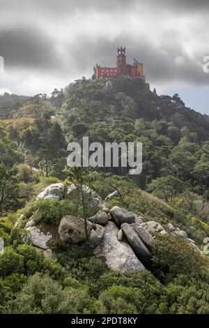 Sintra Palacio da Pena, view of the colorful landmark palace, the Palacio  da Pena sited on a hill to the south of Sintra, Portugal Stock Photo - Alamy