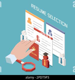 Isometric concept of recruitment with headhunter hand selecting candidate resume 3d vector illustration Stock Vector