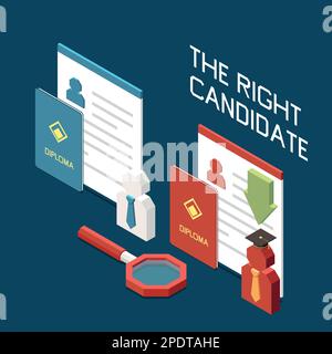 Headhunting recruitment choosing right candidate isometric concept with 3d icons of resume and diploma on dark blue background vector illustration Stock Vector