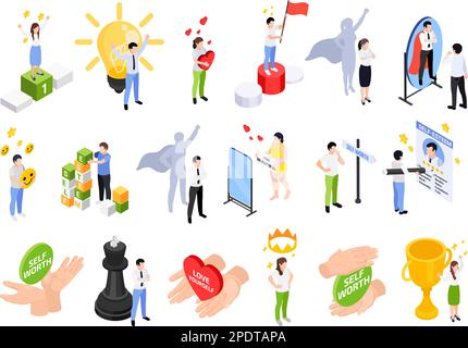 Self esteem improvement set with isometric icons of love trophies achievements new ideas and human characters vector illustration Stock Vector
