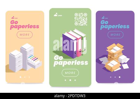 Isometric set of go paperless vertical banners with stacks of papers folders documents in drawers 3d isolated vector illustration Stock Vector