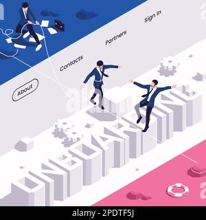 New employee orientation onboarding isometric web page with member of staff helping colleague walk on wire vector illustration Stock Vector