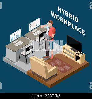 Hybrid workplace isometric concept with employee working both from home and in office 3d vector illustration Stock Vector