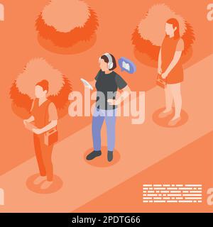 Audio books isometric background composition with orange view of girl on street with smartphone wearing headphones vector illustration Stock Vector
