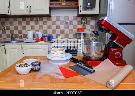 desktop and pastry chef tools at home production Stock Photo