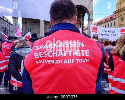 Munich, Bavaria, Germany. 15th Mar, 2023. Employees of the Sparkasse banks of Bavaria go out on strike as their union, Ver.di, engages in labor and compensation talks. (Credit Image: © Sachelle Babbar/ZUMA Press Wire) EDITORIAL USAGE ONLY! Not for Commercial USAGE! Stock Photo