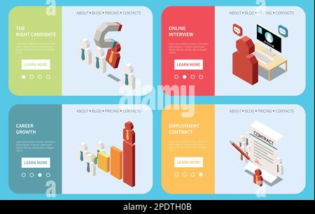 Headhunting isometric horizontal banners set with candidates career growth online interview contract isolated 3d vector illustration Stock Vector