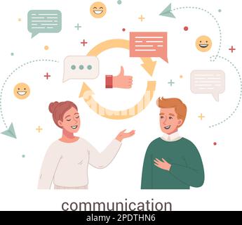 Communication cartoon design concept with social networks signs and young pare talking to each other flat vector illustration Stock Vector