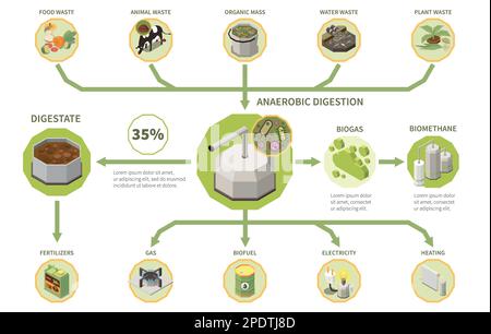 Biogas electricity production process isometric infographics with types of organic waste anaerobic digestion digestate 3d vector illustration Stock Vector