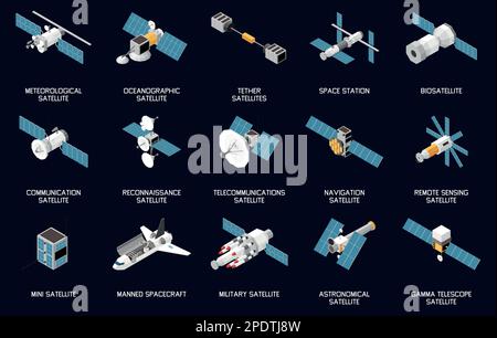 Isometric set of various types of satellites and spacecrafts isolated against black background 3d vector illustration Stock Vector