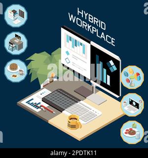 Hybrid work flexible workplace at home in office isometric concept with 3d elements vector illustration Stock Vector