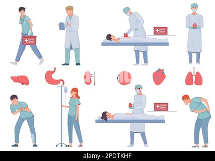 Organ transplant flat set with isolated icons of organs and doodle style characters of medical professionals vector illustration Stock Vector