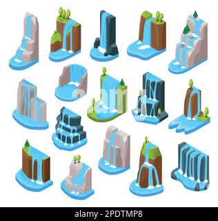 Waterfall set with national park scenery symbols isometric isolated vector illustration Stock Vector