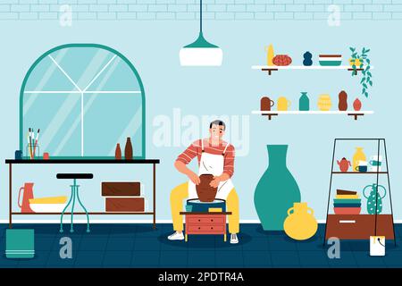 Hobby flat concept with man making clay pot vector illustration Stock Vector