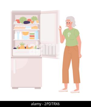 Elderly woman opening fridge door semi flat color vector character Stock Vector