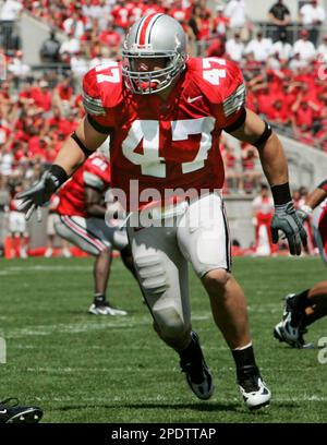 Ohio State linebacker A.J. Hawk rushes during second quarter against Miami  of Ohio at Ohio Stadium in Columbus, Ohio, Saturday, Sept. 3, 2005. A.J.  Hawk, Bobby Carpenter and Anthony Schlegel might be the best set of  linebackers in college football