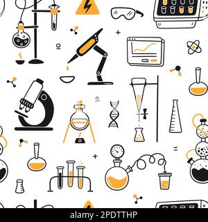 Science biology chemical experiment lab seamless pattern. Chemical laboratory equipment. Hand drawn chemical processes. Doodle vector illustration Stock Vector