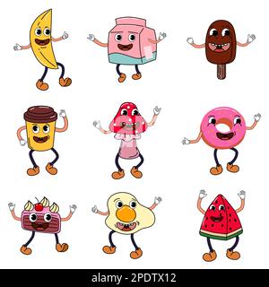 Groovy hippie set of funny characters trendy retro trippy 70s style Stock Vector