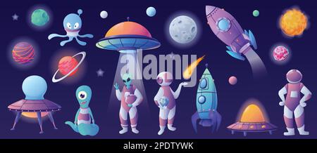 Space cartoon set with isolated icons of planets ufo rockets and funny characters of aliens astronauts vector illustration Stock Vector