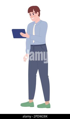 Smiling office manager with tablet semi flat color vector character Stock Vector