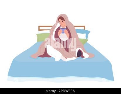 Man with hot tea wrapped himself up in blanket semi flat color vector character Stock Vector