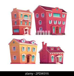 Urban retro building cartoon vector set illustration. Old residential single and multi-storey buildings from concrete and red brick, isolated on white background Stock Vector