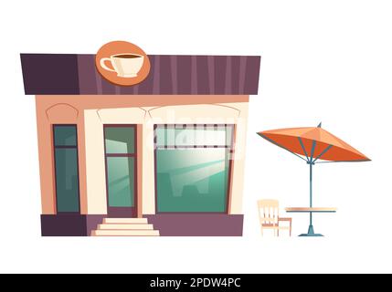 Fast food coffee restaurant building cartoon vector illustration. Facade of food shop and cafe or bistro with signboard of coffee cup, street table with chair under umbrella, isolated on white Stock Vector