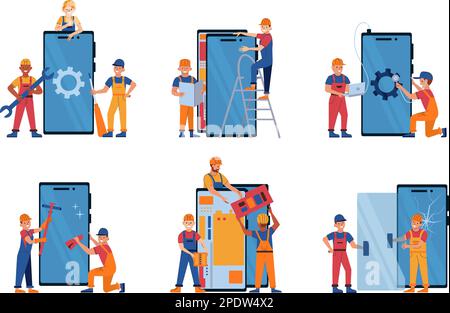 Phone repair service flat set with smiling tech support engineers fixing smartphones isolated vector illustration Stock Vector