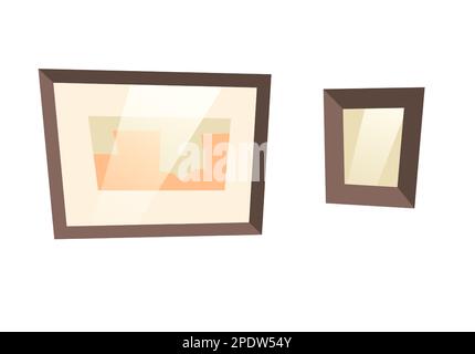 Picture frame set cartoon vector illustrations. Collection elements for living room interior, wooden brown frames for pictures and photographs hanging on white wall, room accessories isolated Stock Vector