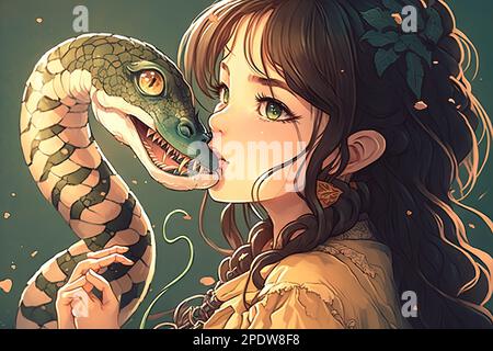 A Smiling Cute anime girl kissing a snake manga style character ...