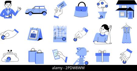 Financial planning flat set of icons in blue color with house car shopping bags purse piggy bank coupon isolated vector illustration Stock Vector