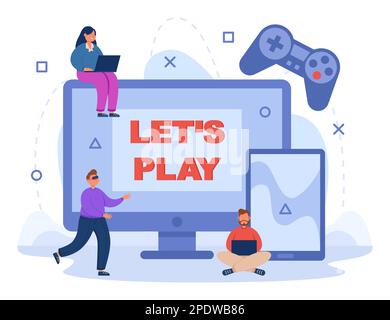 Free Vector  People playing video game on mobile phone and computer. men  and women playing console, using various hardware devices, laptop or tablet  flat vector illustration. cross-platform play concept