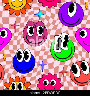 Smiley faces stickers, trippy seamless pattern. Retro trendy check distortion background Stock Vector