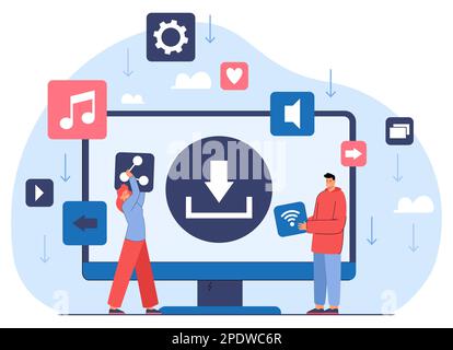 Download button on computer screen and people transferring files Stock Vector