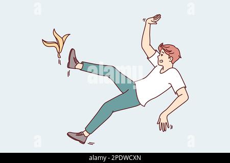 Clumsy man slipped on banana peel while walking through city streets or home rooms. Unfortunate casual guy slipped due to debris and is at risk of injury or broken arms and legs in fall Stock Vector