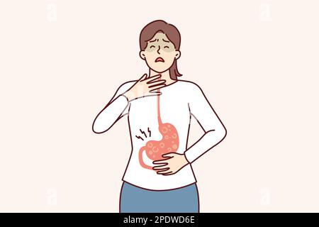Sick woman with symptoms of gastroesophageal reflux or gastritis disease resulting from junk food. Girl suffers from gastritis and violation of digestive processes surviving nausea Stock Vector