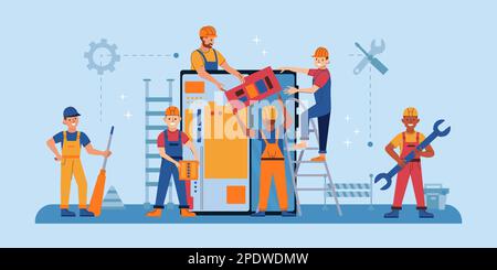 Phone repair service flat composition with engineers disassembling smartphone on blue background vector illustration Stock Vector