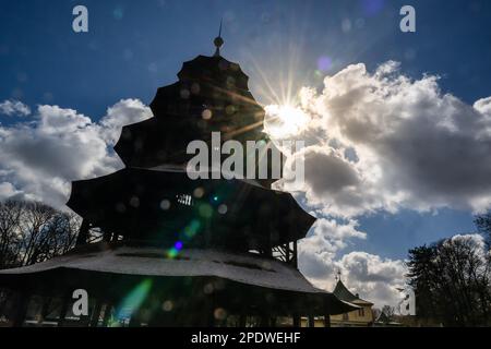 Munich, Germany. 15th Mar, 2023. The Chinese tower at the beer garden in the English Garden asks into the blue sky. Credit: Peter Kneffel/dpa/Alamy Live News Stock Photo