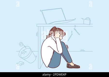 Frightened woman wait out earthquake hiding under office desk to save herself during building collapse. Girl sits on floor fleeing earthquake or tornado and other natural anomalies Stock Vector