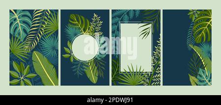Set of cards with frames in flat style with green tropical leaves isolated vector illustration Stock Vector